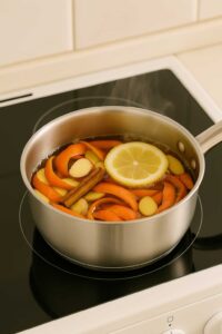 A saucepan of apple peels, ginger slices, a cinnamon stick, and a lemon slice gently boiling in water on a stovetop for the apple peel weight loss recipe.