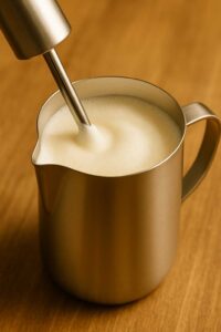 A stainless steel frothing pitcher filled with half-and-half being steamed with a steam wand, creating thick foam for breve coffee.