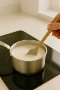 Heating and stirring milk in a saucepan on the stove for hojicha latte.