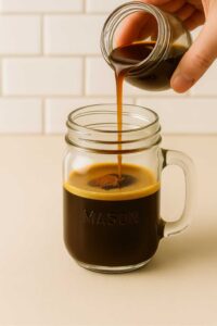 Brown sugar syrup and cinnamon added to first preparation of iced brown sugar oatmilk shaken espresso in a mason jar.