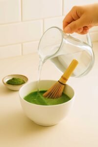 A close-up of a bamboo whisk mixing vibrant green matcha powder with cold water in a glass bowl for an iced matcha latte.