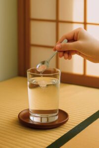 Hand adding pink salt to water for japanese pink salt recipe.