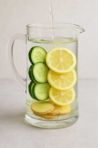 Filtered water being poured into a clear glass pitcher containing lemon, ginger, and cucumber slices to make lemon ginger cucumber water.