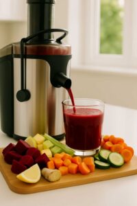 Glass of liver detox juice recipe being poured from a juicer, surrounded by fresh chopped ingredients.