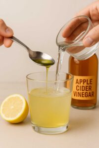 A hand pours water into a glass containing lemon juice and apple cider vinegar, while another hand adds a spoonful of olive oil. to prepare natural ozempic recipe