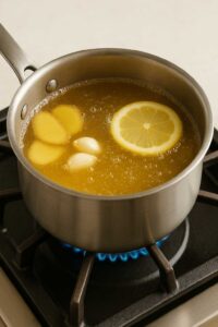 Simmering broth with ginger slices, garlic, and lemon in a saucepan on the stove—step 2 for natural sulphur burps zepbound relief.