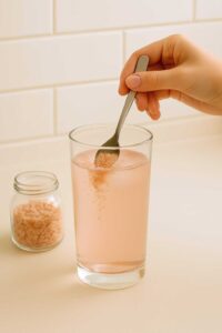 A hand stirs pink Himalayan salt into a glass of pale pink water, with a jar of salt nearby, step 2 of the pink salt diet recipe for weight loss.