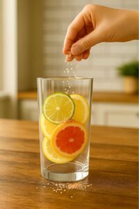 A hand sprinkles pink Himalayan salt into a tall clear glass filled with vibrant citrus slices, ready for a pink salt recipe for weight loss.