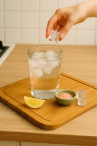 Adding ice cubes to a glass of water for the salt and ice trick recipe.