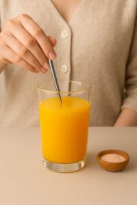 A woman’s hand stirring a glass of adrenal cocktail recipe with a spoon on a beige countertop, with a small bowl of pink salt nearby.
