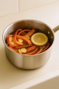 A saucepan with apple peels, ginger slices, a cinnamon stick, and a lemon slice resting off the heat, cooling after boiling, for apple peel recipe for weight loss.