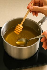 Hand drizzling honey into a saucepan of warm brewed green tea while stirring with a spoon for preparation green tea lemonade