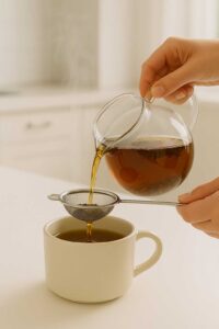 Straining brewed hojicha tea from a glass teapot into a mug for your hojicha latte.