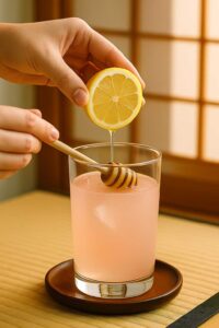 Adding lemon juice and honey to a glass for a Japanese pink salt recipe.