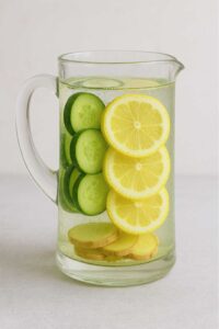 A glass pitcher of lemon ginger cucumber water infusing, with lemon, cucumber, and ginger slices visible inside.