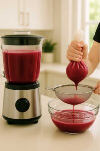 Straining a blended liver detox juice recipe through a nut milk bag over a fine mesh sieve.