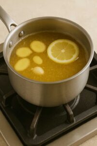 A saucepan of simmering broth with ginger slices, garlic, and a lemon slice on the stove—step 3 for natural sulphur burps zepbound relief.
