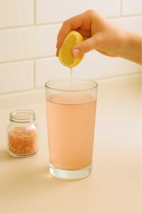 A hand squeezes fresh lemon juice into a glass of pink salt water, with a jar of pink Himalayan salt in the background, step 3 of the pink salt diet recipe for weight loss.