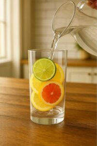 A glass filled with fresh citrus slices as filtered water is being poured over them, set on a wooden kitchen table to prepare pink salt recipe for weight loss