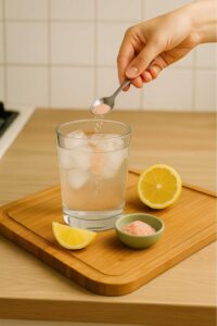 Hand sprinkling pink salt into a glass of iced water to prepare salt and ice trick recipe.