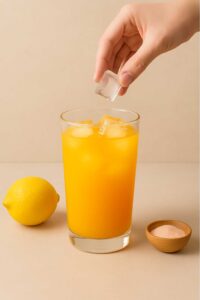 A hand adding ice cubes to a glass of bright orange adrenal cocktail recipe, with a lemon and a bowl of pink salt nearby on a beige counter.