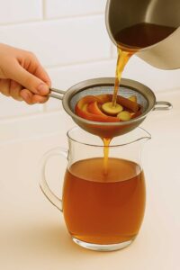 Straining apple peel recipe for weight loss from a saucepan through a mesh strainer into a glass pitcher, separating apple peels, ginger, cinnamon, and lemon from the infused liquid.