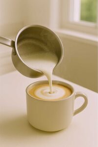 Pouring hot, frothy milk into a mug of hojicha tea to make a creamy hojicha latte.