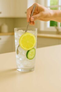 Hand stirring ice water with lemon and cucumber — ice water hack recipe