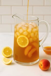 Glass pitcher filled with iced peach green tea lemonade on a kitchen counter.