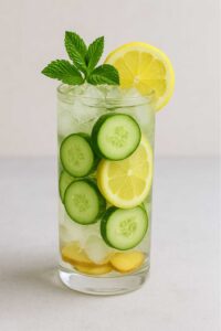 A tall glass filled with lemon ginger cucumber water, ice cubes, and slices of lemon, cucumber, and ginger, garnished with mint.