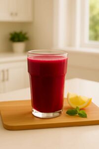 A glass of freshly prepared liver detox juice recipe with lemon wedge and mint on the side.