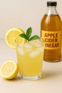 A glass of natural ozempic recipe served over ice, garnished with a fresh lemon slice and mint sprig. A halved lemon and a bottle labeled "Apple Cider Vinegar" are in the background.