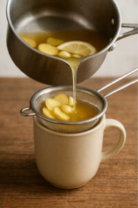 Pouring hot broth with ginger, lemon, and garlic through a strainer into a mug—step 4 for natural sulphur burps zepbound relief.