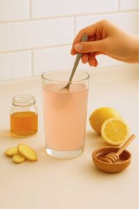 A hand stirs a glass of pink salt diet drink surrounded by honey, ginger slices, and fresh lemon—ingredients for a pink salt diet recipe for weight loss.