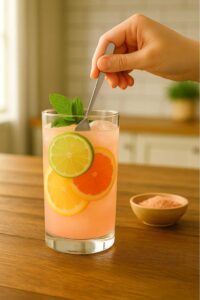 Hand stirring a glass of citrus-infused pink salt water with fresh mint and ice, perfect for a pink salt recipe for weight loss.