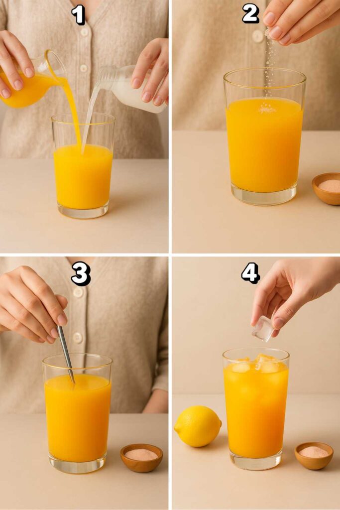 A step-by-step photo collage showing how to prepare an adrenal cocktail recipe : pouring orange juice and coconut water, adding sea salt, stirring, and adding ice cubes.