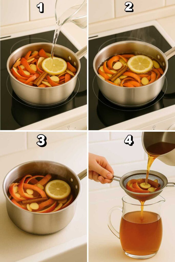 Step-by-step preparation of apple peel recipe for weight loss, showing a saucepan with apple peels, ginger, cinnamon, and lemon, water being poured in, simmering, cooling, and straining the finished drink into a pitcher.
