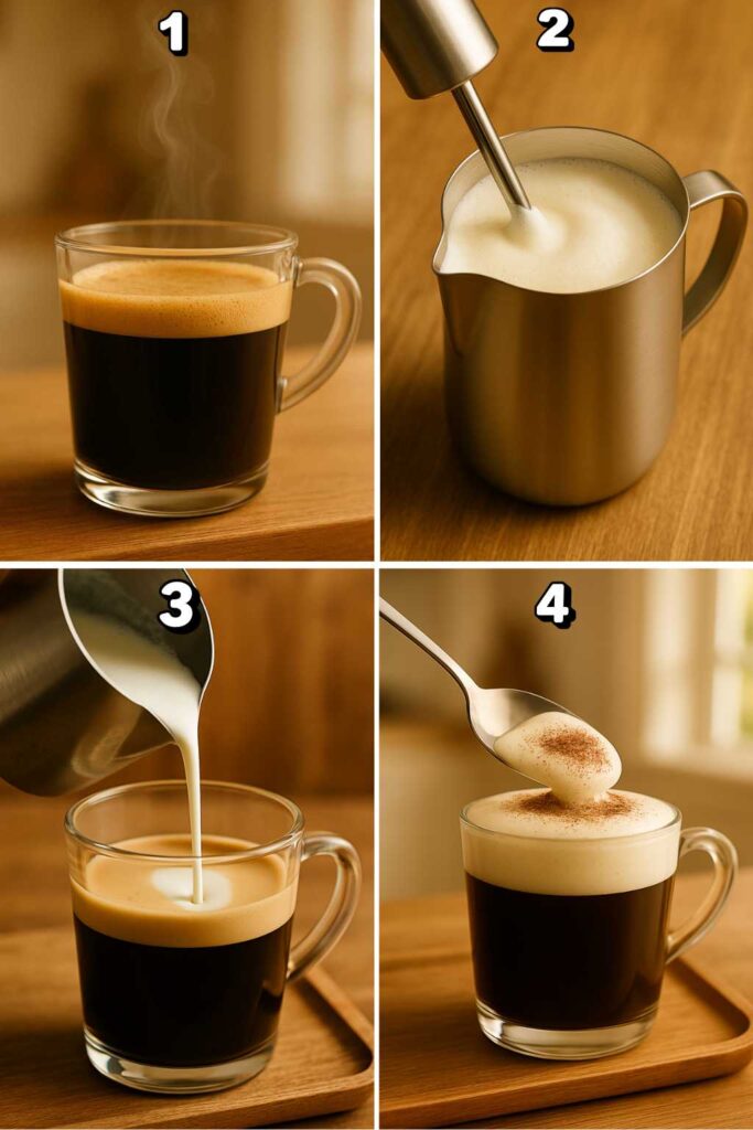 Four-step collage showing how to make breve coffee: brewing espresso, frothing half-and-half, pouring steamed milk into espresso, and spooning foam with cocoa on top.