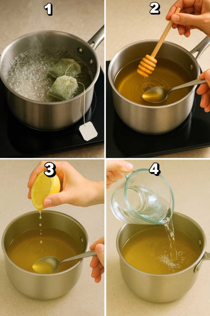 Four-step collage showing the preparation of green tea lemonade: boiling tea bags, adding honey, squeezing lemon, and pouring cold water.