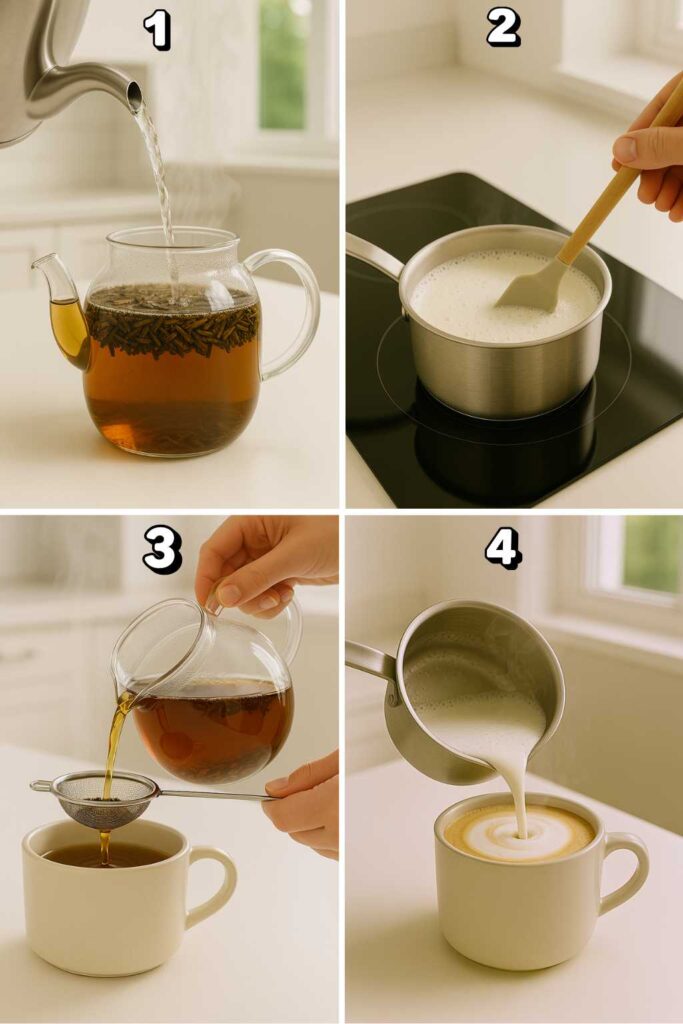 Four-step process for making hojicha latte: brewing tea, heating milk, straining tea, and pouring frothed milk into a mug.