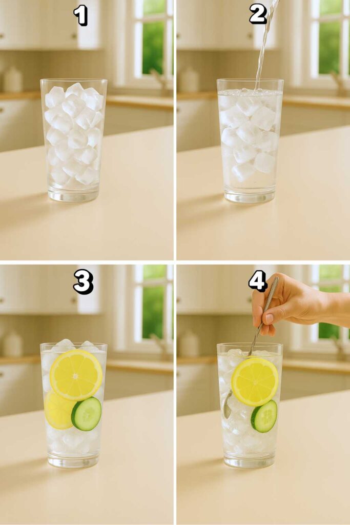 Four-step process of the ice water hack recipe in a kitchen setting