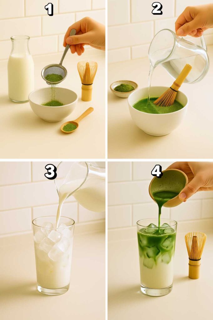 Four-step process for making an iced matcha latte, from sifting matcha to pouring over milk and ice.
