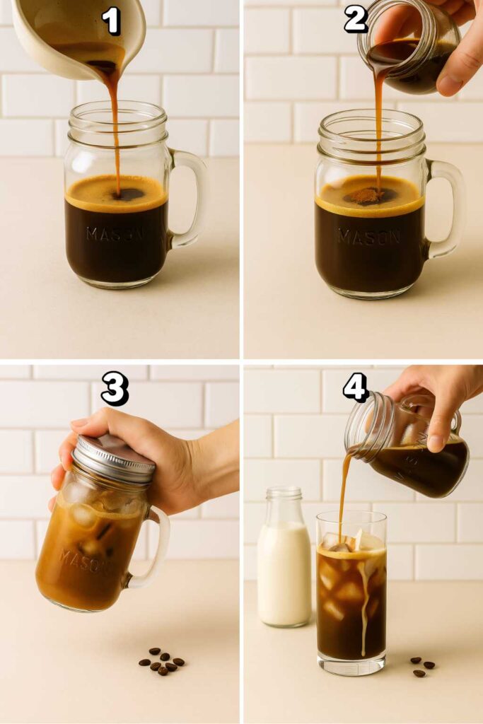Step-by-step process of making iced brown sugar oatmilk shaken espresso.