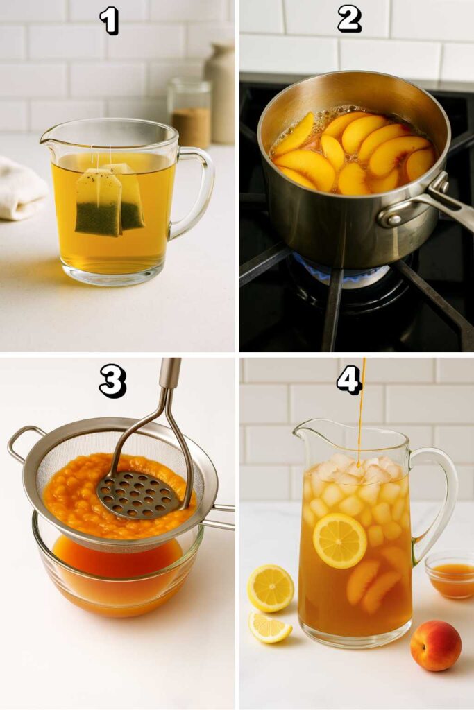 Four-step photo collage showing how to make iced peach green tea lemonade.