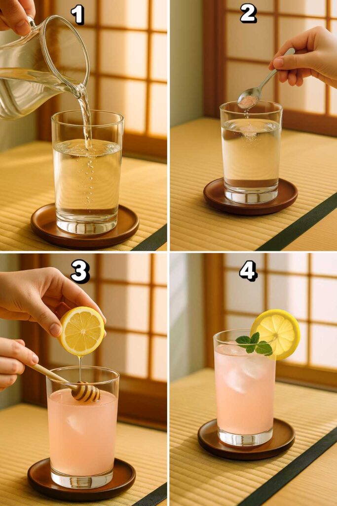 Four-step process showing how to make a japanese pink salt recipe for weight loss.