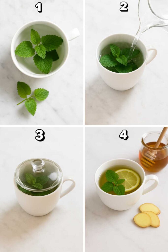 Four-step preparation process for lemon balm for weight loss recipe with fresh leaves, hot water, steeping, and final tea with lemon, honey, and ginger.