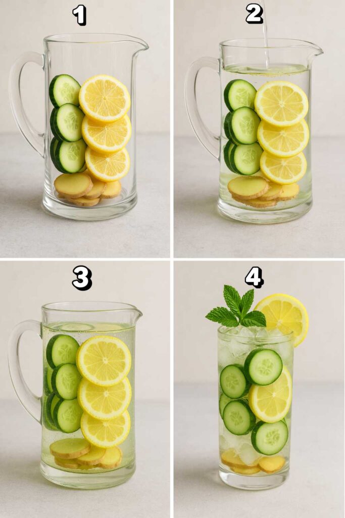 A 4-step photo collage showing the process of making lemon ginger cucumber water, from adding ingredients to serving over ice with mint.