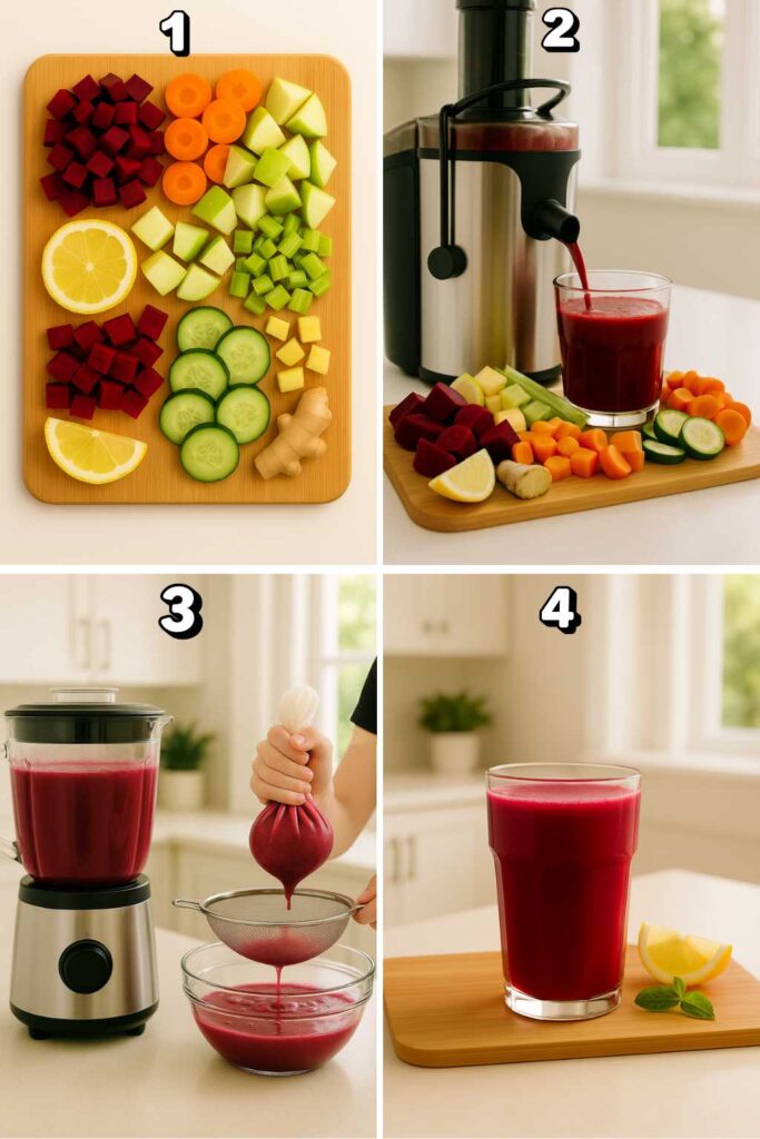 Step-by-step guide showing how to make a liver detox juice recipe with fresh ingredients, juicing, blending, and straining.