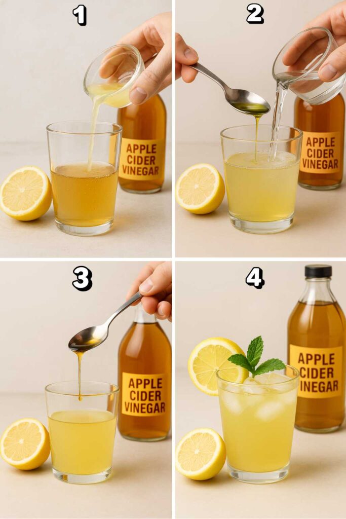 Step-by-step photo collage showing how to make a natural ozempic drink with lemon, apple cider vinegar, olive oil, water, and honey, finished with ice, lemon, and mint garnish.
