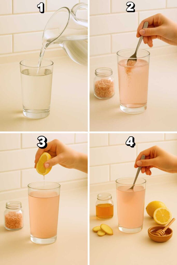 Step-by-step preparation of a pink salt diet recipe for weight loss, showing water pouring, salt mixing, lemon squeezing, and stirring in a glass.